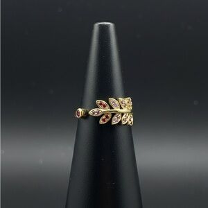 Boutique Golden Laurel Leaves Bypass Ring – Red & Purple Gemstones-Adjustable
